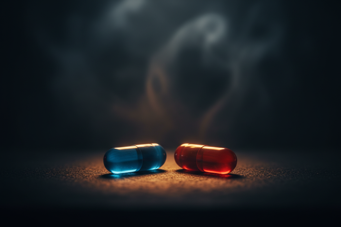 Eine blaue und rote Pille liegen auf dem Tisch und was die matrix und das Gesetz der Anziehung damit zu tun hat