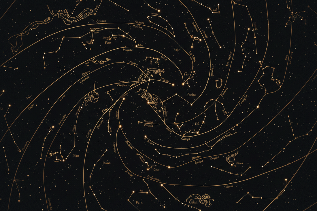 Goldene Konstellation auf schwarzem Hintergrund – Punkte verbinden sich rückblickend, Symbol für das Gesetz der Anziehung